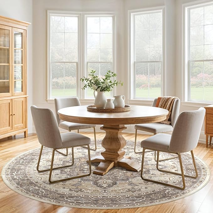 Round Rug Living Room Rugs: 7x7 Washable Boho Neutral Large Circle Soft Indoor Floral Stain Resistant Floor Farmhouse Carpet for Bedroom Nursery Kids Playroom Office Dining Room Dorm Home- Beige Brown