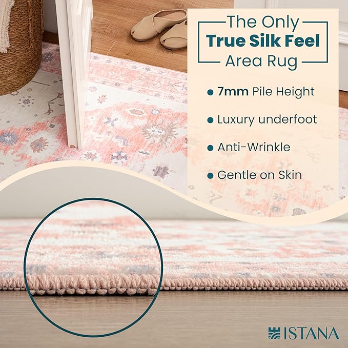 Istana Hallway Carpet 2.5x8 - Pink Kitchen Runner Non Slip Washable - Silk's Soft Touch - Stylish Home Rug