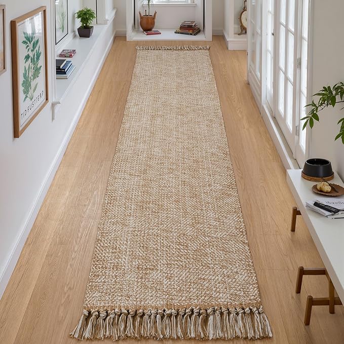 Collive Long Hallway Runner Rug 2x8, Boho Washable Runners Indoor Entryway Rugs Tan Cotton Woven Kitchen Runner Carpet, Farmhouse Low Profile Front Door Mats for Bedside Laundry Room Doorway