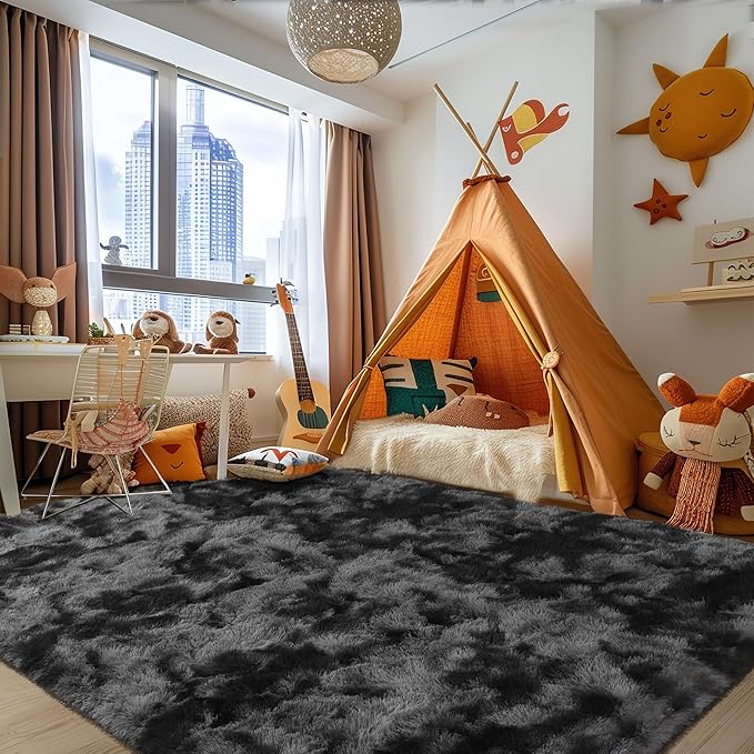 Zentavio Black and Grey Area Rugs for Living Room Large Men Room Carpet 8x10 Bedroom Fluffy Furry Shag Aesthetic Plush High Pile Floor Rug for Kids Room Dorm Home Decor Gray