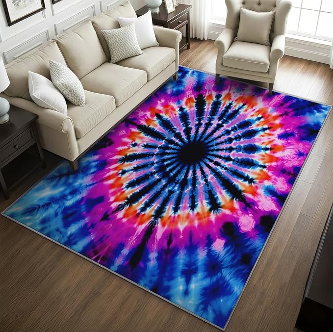 Tie Dye Rugs for Bedroom -Mandala Hippie Rug, 6x8 ft, Colorful Psychedelic Washable Rugs for Living Room, Blue and Pink Abstract Area Rug for Bedroom, Multicolor Tie Dye Home Decor & Gifts