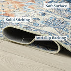 Large Area Rugs 8x10, Low Pile Washable Rugs, Soft Vintage Distressed Rugs for Living Room Bedroom, Office, Dining Room, Water Repellent & Non Shedding, Blue and Orange