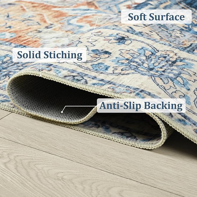 Large Area Rugs 9x12, Low Pile Washable Rugs - Soft Vintage Distressed Rugs for Living Room Bedroom, Office, Dining Room, Water Repellent & Non Shedding, Blue and Orange