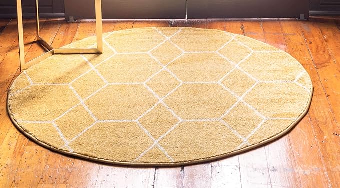 Unique Loom Trellis Frieze Collection Area Rug - Geometric (4' 1" Round Yellow/Ivory)