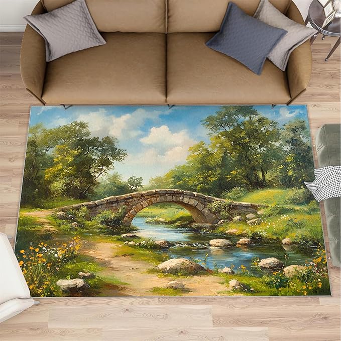 Forest Rugs for Bedroom - 2x3 Area Rug - Stone Bridge Stream Rugs for Living Room, Retro Country Style Rug, Non-Slip Washable Home Decor Carpet