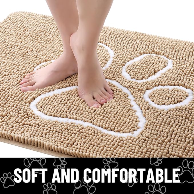 Smiry Dog Door Mat for Muddy Paws, Absorbent Dirt Trapper Non Slip Quick Dry Washable Chenille Mat for Mud Dogs, Entry Rug for Indoor and Outdoor (71x46 Inches, Beige and White)