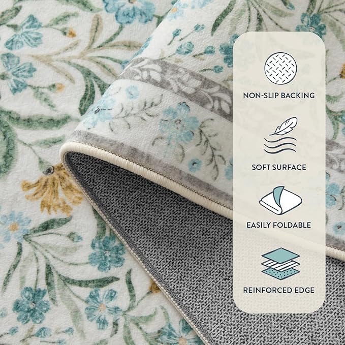 Lahome Light Blue Runner Rug 2x6, Boho Floral Runners for Kitchen Floor, Machine Washable Soft Thin Indoor Throw Carpet Runners for Hallway Bathroom Laundry 6ft, Blue