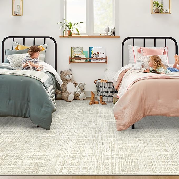 5x7 Area Rugs for Living Room, Washable Large Area Rug Neutral Modern Abstract Bedroom Rug Soft Non Slip Low Pile Stain Resistant Indoor Carpet for Nursery Kids Dining Room Office(Beige, 5'x7')