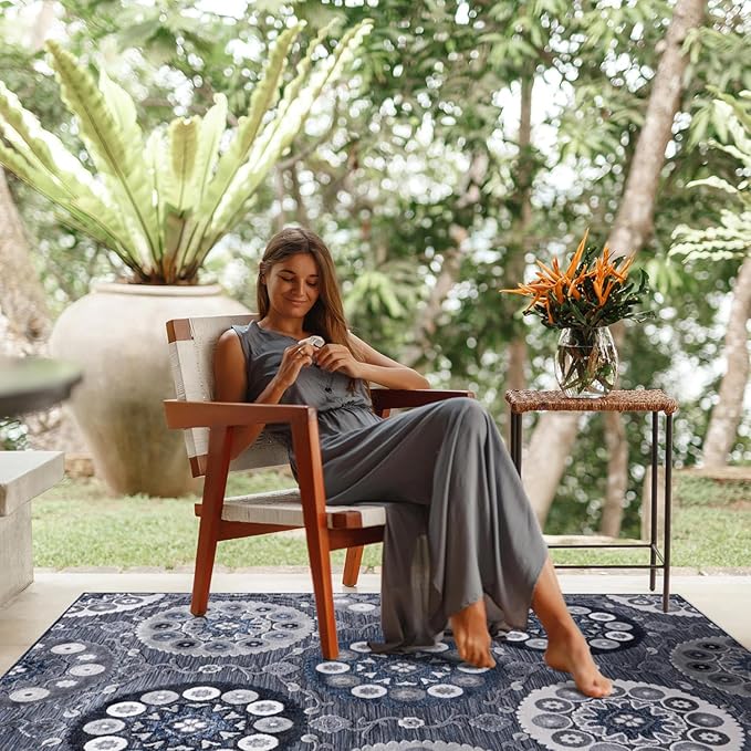 CAMILSON Indoor Outdoor Rug 6x9 Bohemian Medallion Floral Area Rugs for Indoor and Outdoor Patios Easy-Cleaning Non-Shedding Living Room Garden and Kitchen Washable Outside Carpet (6 x 9 / Navy)