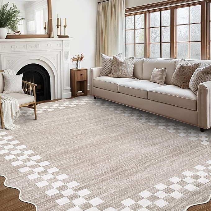 GarveeHome 10x13 Area Rug Large Living Room Scalloped Rug Non Slip Low Pile Bedroom Throw Carpet Soft Modern Bordered Dining Room Rug Stain Resistant Boho Carpet for Home Office, Fog