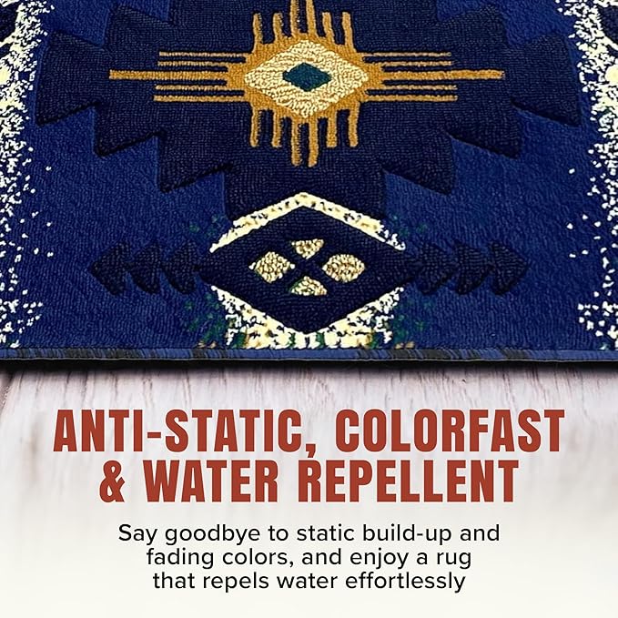 YHSF South West Native American Area Rug C318 - Easy Clean, Thick, Soft, Durable Native Tribal American Indian Inspired Rug for Bedroom/Living Room and More - Navy Blue, 2 ft 4 in x 10 ft 11 in