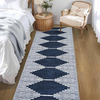 HelloTree Hallway Runner Rug，2.6x8 Moroccan Modern Stripe Carpet Washable Machine Bathroom Runner Bohemian Design Modern Soft Non Slip Indoor Rug for Entryway Hallway Laundry Room Bedroom-Blue
