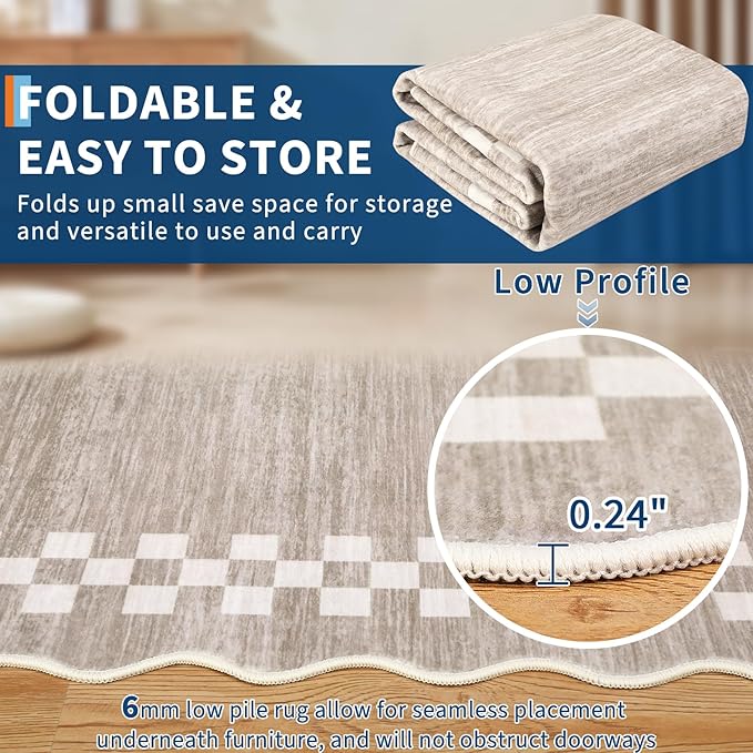 GarveeHome 4x6 Area Rug Small Washable Living Room Rug Scalloped Rug with Rubber Backing Stain Resistant Low Pile Dining Room Throw Carpet Modern Bordered Mat for Bedroom Kitchen, Fog