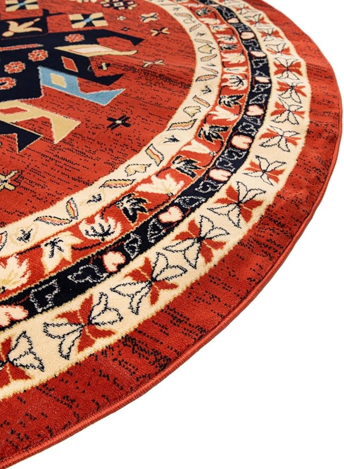 Unique Loom Taftan Collection Border Geometric Tribal Inspired Design Area Rug (8' 0 x 8' 0 Round, Terracotta/ Ivory)