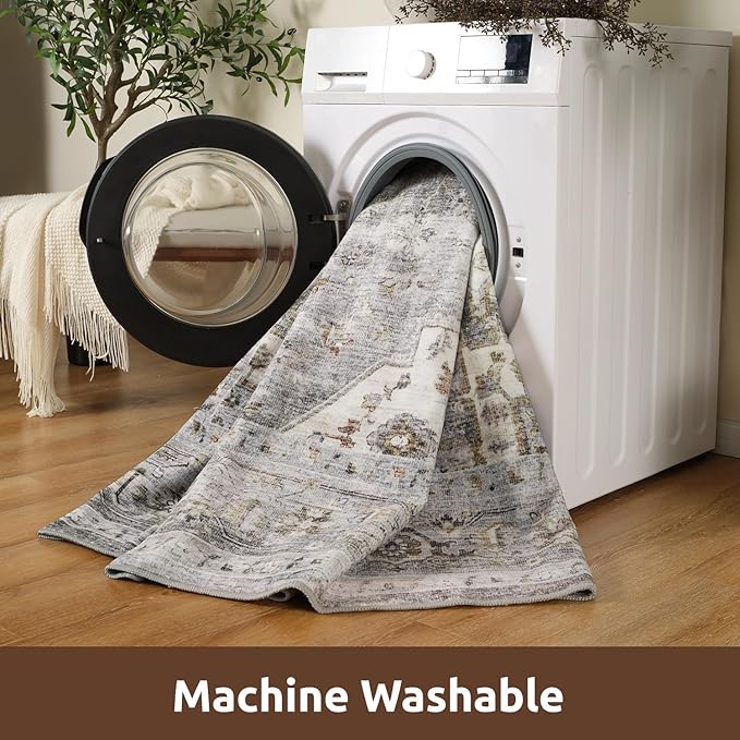 AMOAMI-2X10 Runner Rug-Washable Runners for Hallways-Soft Non Slip Bedside Rugs for Bedroom-Vintage Long Rug for Hallways Entryway Laundry Room Stair Kitchen Bathroom Grey