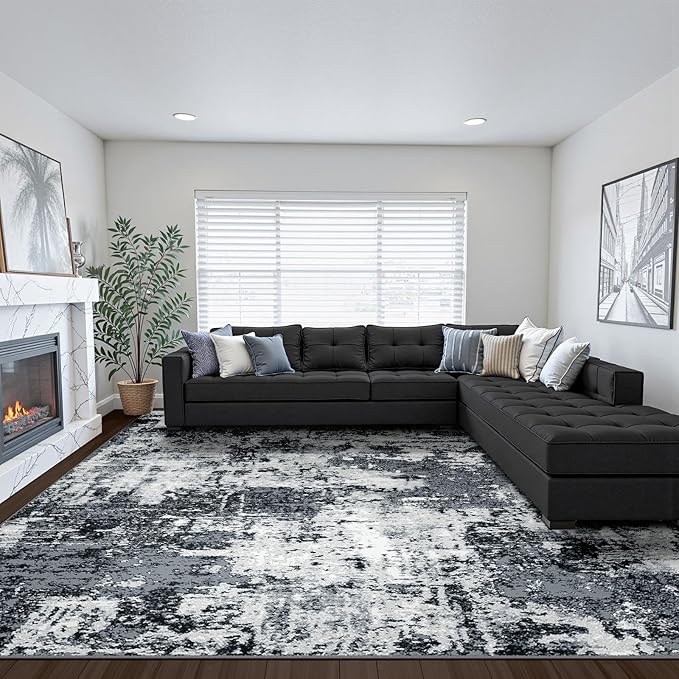 Washable Area Rugs 9'x12' Non-Slip Modern Abstract Soft for Living Room Entryway Bedroom Nursery, Print Pattern, Black Gray