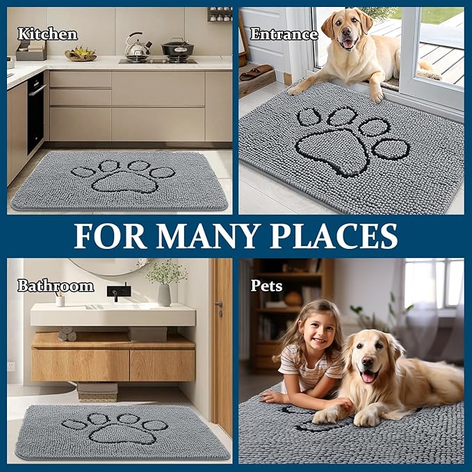 OLANLY Dog Door Mat for Muddy Paws 54x32, Paw Print Design, Absorbs Moisture and Dirt, Absorbent Non-Slip Washable Doormat, Quick Dry Chenille Mud Mat for Dogs, Entry Indoor Entryway Carpet, Grey