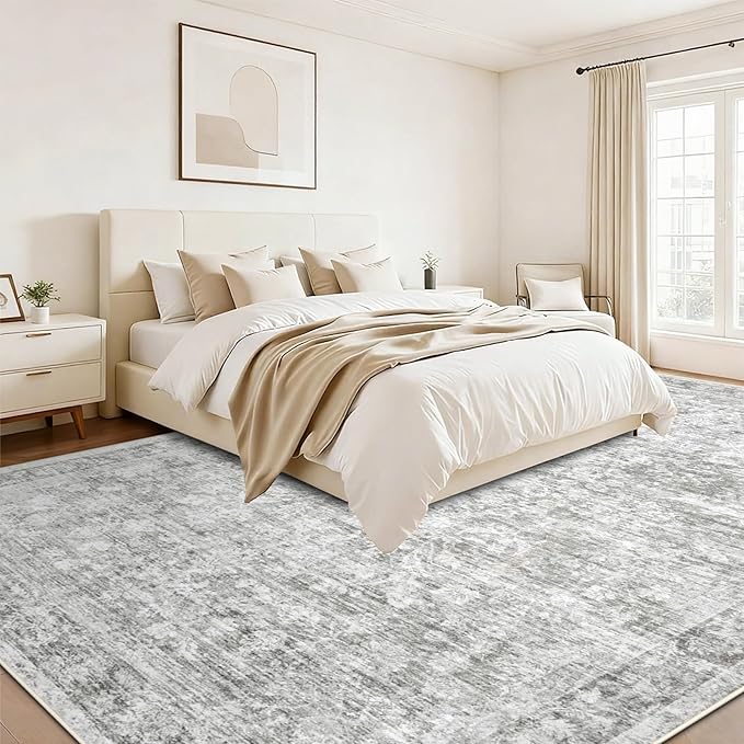 10x14 Area Rugs for Living Room: Washable Large Vintage Floral Rug Low Pile Non-Slip Boho Carpet for Bedroom Dining Home Office (Grey, 10'x14')