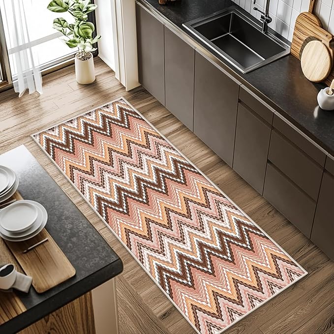 Brown Pink White Wave Runner Rug, 4x10ft Soft Tone Hallway Decor Carpet - Modern Home Corridor & Foyer Long Rug Non-Slip Mat, Washable Flannel Material, Bedroom Stylish Accent Rugs