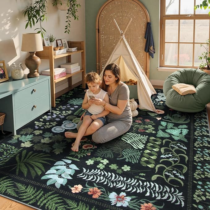Boho Washable Living Room Bedroom Area Rug 8x10 Under Bed, Floral Large Living Dining Room Area Rugs for Under Table, Non Slip Botanical Indoor Carpet for Home Office Playroom (Black,8 x 10)