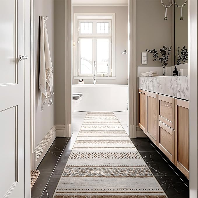 BESTSWEETIE 2x10 Area Rugs for Living Room Washable Moroccan Farmhouse Neutral Geometric Low Pile Non-Slip Soft Print Pattern Rug for Bedroom Kitchen Dining Room Entryway Cream/Brown/Pink