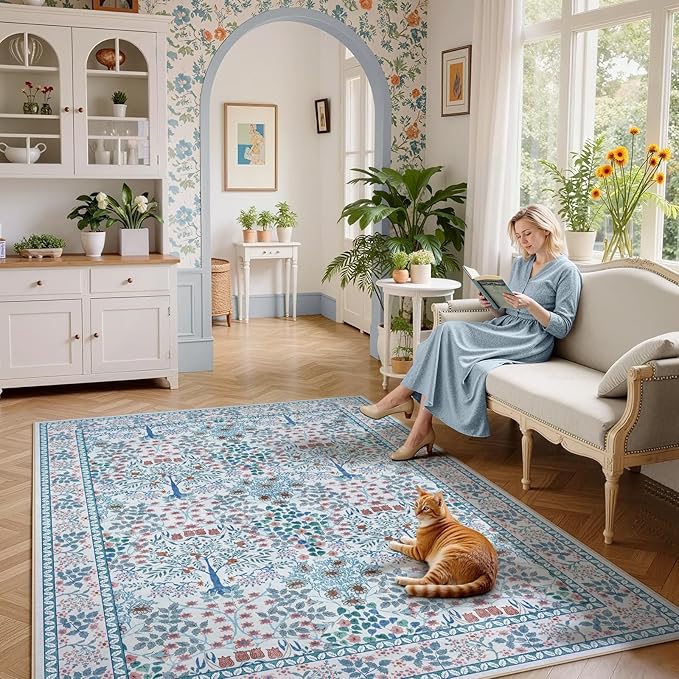 6x9 Area Rugs Living Room Rug - Floral Vintage Morris-Inspired Washable Carpet, Low Pile Non-Shedding Stain Resistance Boho Soft Carpet for Bedroom, Dining Room, Office, Farmhouse (6'x9' Blue/Pink)