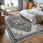 6x9 Black Grey Area Rug for Living Room, Machine Washable Rugs with Non-Slip Backing for Bedroom, Vintage Medallion Carpet Dining Room Office Kids Room Decor