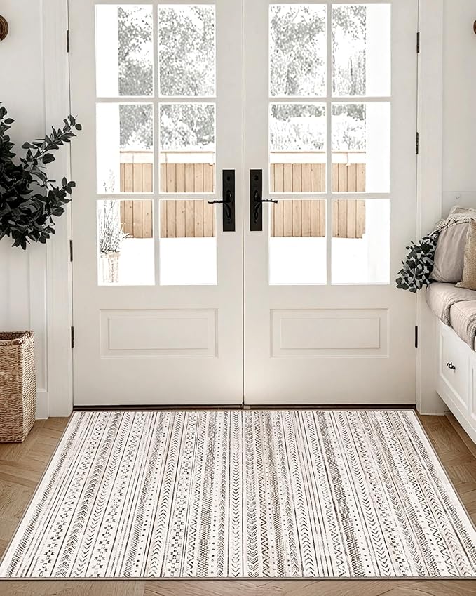 LUMI Ultra Thin Door Mat, 18x30 Non Slip Indoor Doormat Entrance Washable Rugs Entryway Oriental Vintage Soft Carpet for Kitchen Bedroom Front Door, White and Brown