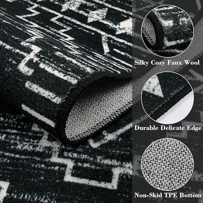 Wonnitar Moroccan 3x5 Rug, Black Washable Small Rug for Bedroom, Non-Slip Geometric Tribal Entry Throw Mat, Boho Farmhouse Rustic Soft Low Pile Area Rug for Bathroom Dining Guest Room (Black,3'x5')