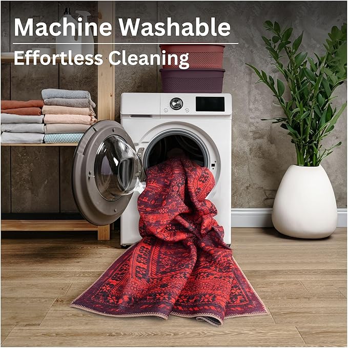 Bloom Rugs Washable Non-Slip 9' x 12' Rug - Red Traditional Bordered Area Rug for Living Room, Bedroom, Dining Room, and Kitchen - Exact Size: 9' x 12'