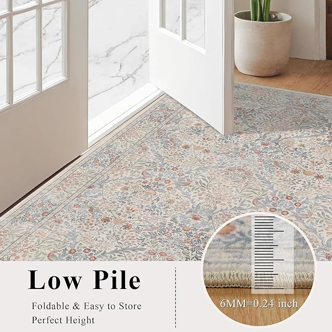 5x7 Floral Washable Area Rugs for Living Room, Vintage Boho Large Rug for Bedroom Dining Room, Distressed Botanical Birds Non Slip Low Pile Forest Animal Throw Carpet for Farmhouse Office, Beige Blue