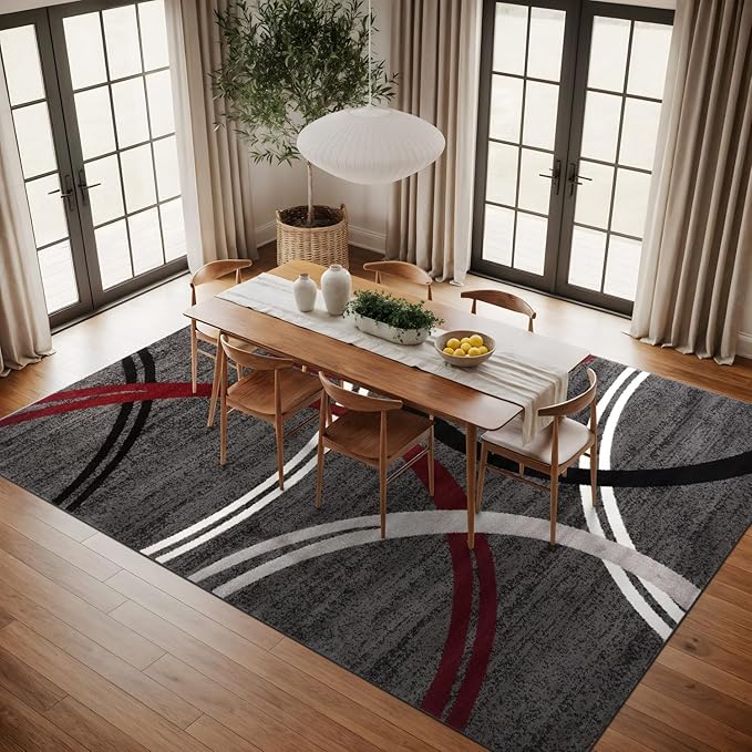 Rugshop Modern Wavy Circles Design Non-Shedding Area Rug, Carpet for Living Room, Dining Room, or Office,Grand Room,Open Spaces Red, 10' x 14'