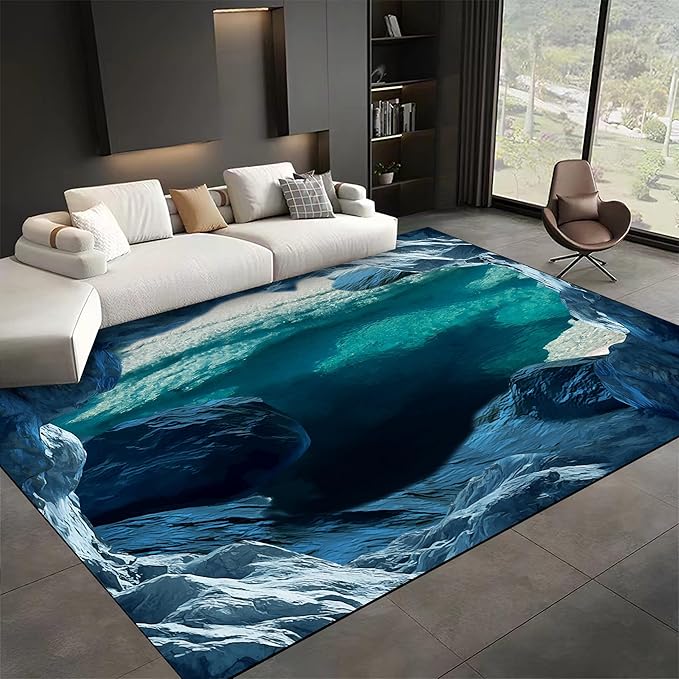 Blue Cave 3D Rugs for Bedroom, 4x5ft, Illusion Natural Landscape Blue Water Pool Entryway Rug, Rubber Backed Non Skid Low Pile Carpet，Foldable Soft No Crease Mats for Sofa Indoor