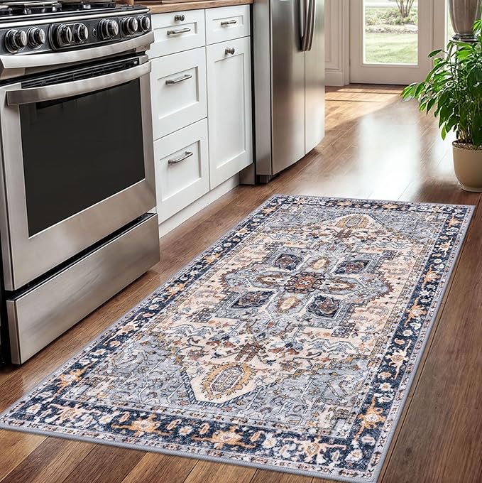KOZYFLY Boho Area Rug 3x5 Ft Rugs for Entryway Washable Entry Rug Non Slip Door Mat Indoor Entrance Printed Faux Wool Throw Rugs for Entrance Front Porch Kitchen Living Room, Blue Gray/Cream