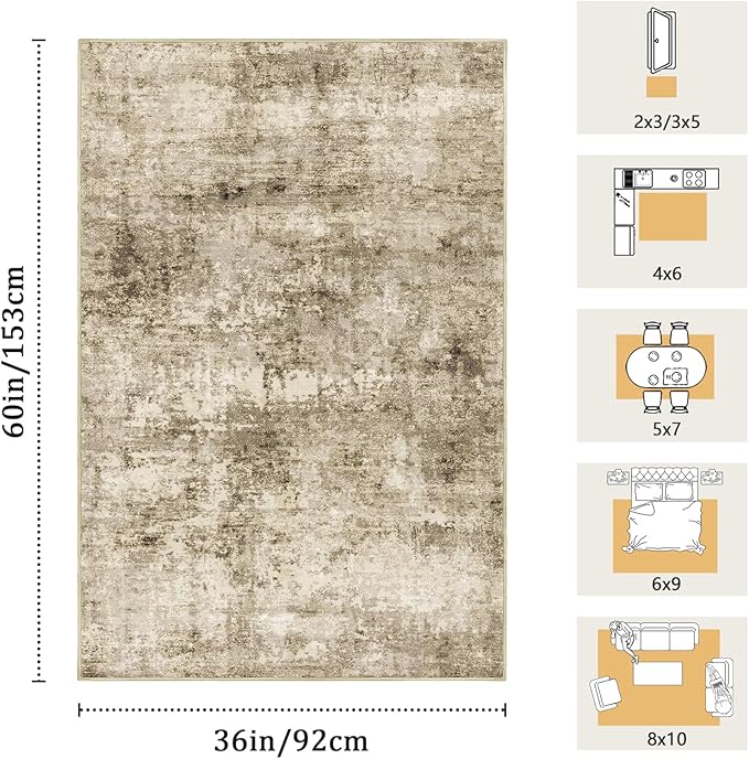 3x5 Machine Washable Area Rug for Entryway, Brown Modern Vintage Abstract Rug Non-Slip Low Pile Soft Faux Wool Small Carpet, Kids and Pets Friendly for Bedroom Kitchen Hallway Home Decor Rug