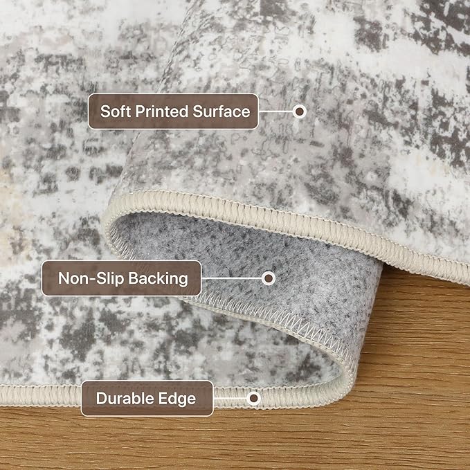 5x7 Area Rugs Washable Grey Rug for Living Room Bedroom, Modern Abstract Large Rug Non Slip, Water Repellent Low Pile Soft Carpet for Dining Room, Home Office, Grey Beige