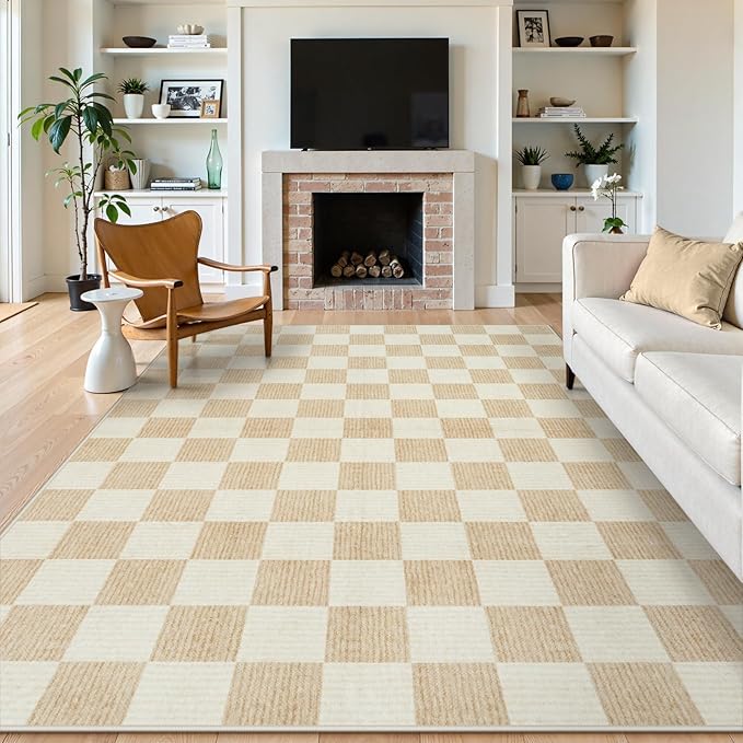 LIVEBOX 8x10 Area Rugs for Living Room, Checkered Non-Slip Washable Rugs, Farmhouse Neutral Classic Geometric Pattern Large Boys Area Rug for Bedroom, Carpet for Dining Room Office(Ivory,8'x10')