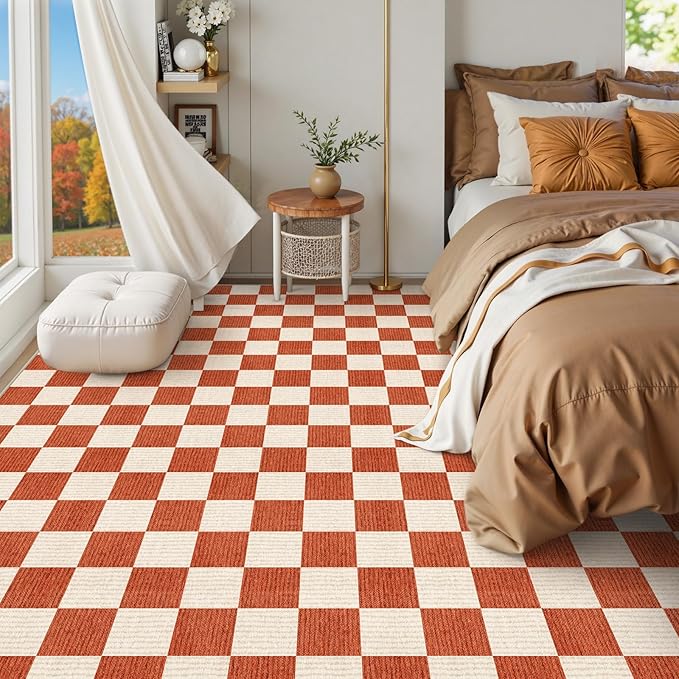 LIVEBOX 8x10 Area Rugs for Living Room, Checkered Non-Slip Washable Rugs, Farmhouse Neutral Classic Halloween Pattern Large Boys Area Rug for Bedroom, Carpet for Dining Room Office(Orange,8'x10')