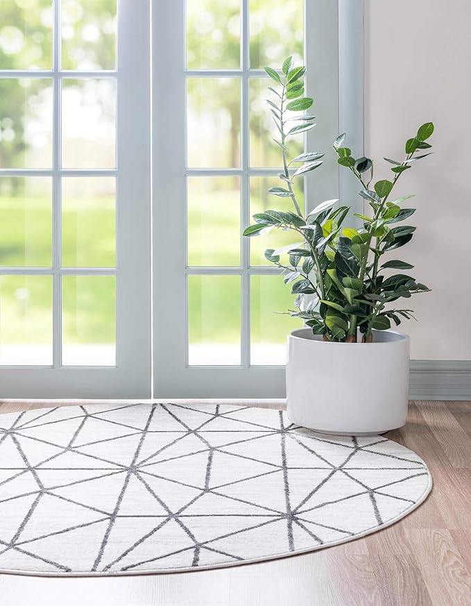 Rugs.com Lattice Trellis Collection Rug – 8 Ft Round White Low-Pile Rug Perfect for Kitchens, Dining Rooms