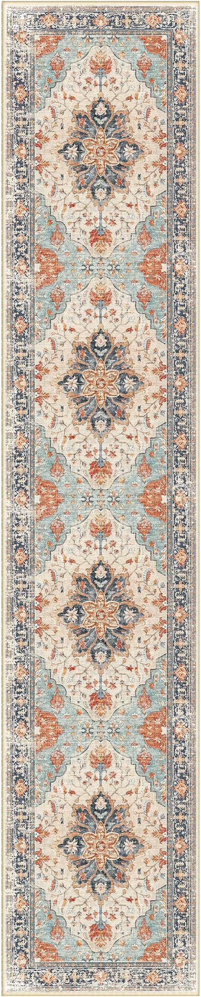 Area Rugs 2'6''x12' Washable Non-Slip, Floral Vintage Distress Print Pattern Medallion Carpet for Living Room Bedroom Dining Room, Beige Navy Blue Orange Colorful