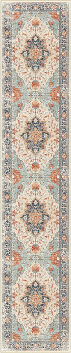Area Rugs 2'6''x14' Washable Non-Slip, Floral Vintage Distress Print Pattern Medallion Carpet for Living Room Bedroom Dining Room, Beige Navy Blue Orange Colorful