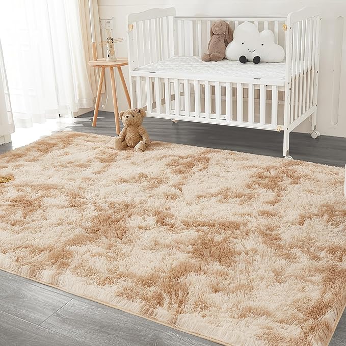 Andency Soft Area Rugs for Living Room Bedroom, 4x6 Fluffy Shaggy Bedside Rug, Non-Slip Large Shag Fuzzy Plush Carpets for Bedroom Kids Dorm Nursery Home Decor Aesthetic, Tie-Dyed Beige