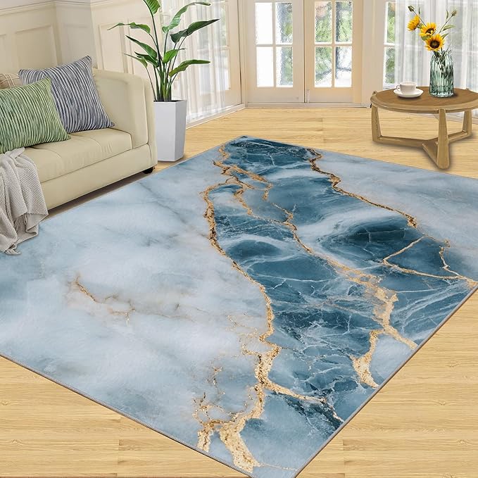 3x6 Abstract Marble Bedroom Rug Under Bed - Blue-White-Marble Kids Room Rugs, Luxury Stone Pattern Bedroom Runner Rug Soft Washable for Living Room Kitchen