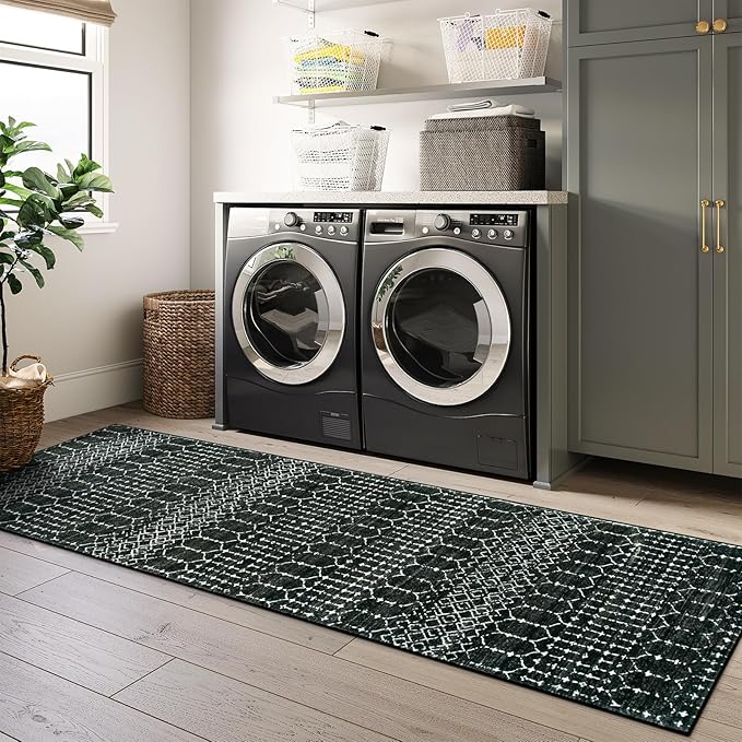 Lahome Moroccan Black Rug 2x8 Washable Non-Skid Kitchen Floor Runner, Low-Profile, Non Slip, Geometric Print Distressed Entryway Runner for Hallways, Laundry Room, Foyer