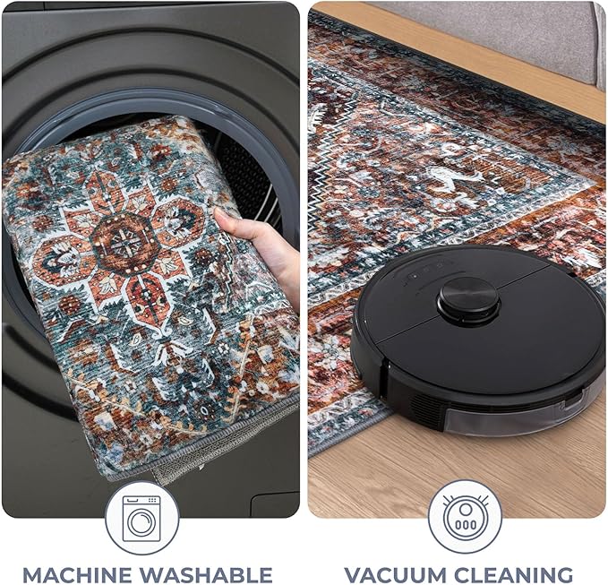 KOZYFLY Runners for Hallways 2x8 Ft Washable Kitchen Runner Rug Boho Runner Rug for Entryway Indoor Printed Oriental Faux Wool Floor Carpet Runner for Bedroom Kitchen Hall, Brick Red/Orange/Green