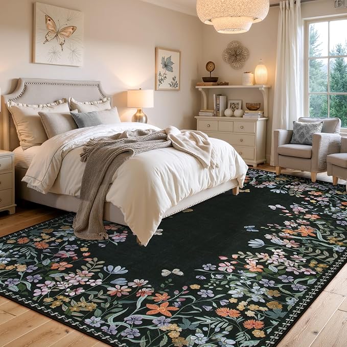 Wonnitar Washable 6x9 Area Rugs, Floral Print Large Living Room Rug, Non-Slip Soft Black Rugs for Bedroom, Ultra-Thin Vintage Botanical Rugs Carpet for Dining Room Guest Room (Black,6'x9')
