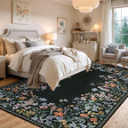 Wonnitar Washable 6x9 Area Rugs, Floral Print Large Living Room Rug, Non-Slip Soft Black Rugs for Bedroom, Ultra-Thin Vintage Botanical Rugs Carpet for Dining Room Guest Room (Black,6'x9')