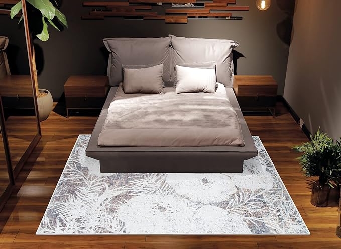 Bloom Rugs Washable Non-Slip 6' x 9' Rug - Tan/Brown/Blue Modern Floral Area Rug for Living Room, Bedroom, Dining Room, and Kitchen - Exact Size: 6' x 9'