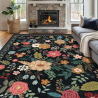9x12 Area Rug, Floral Rugs for Living Room, Stain-Resistant Washable Bedroom Rug, Non-Slip Area Rugs for Dining Room Under Table, Indoor Carpet for Home Office (9 x 12 Black)
