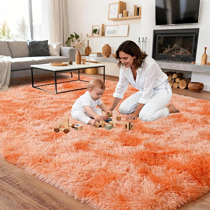 Upgrade Non-Slip Plush Rugs for Living Room, Soft Shaggy Carpets for Living Room, Fuzzy Rugs for Kids' Room, Perfect Decor for Modern Home Tie Dye Orange 8x10Feet